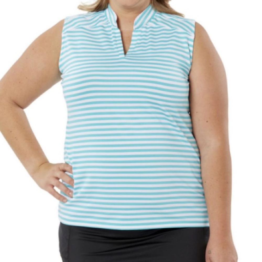 New Fairways Golf Top Size XL Sleeveless Split Collar Teal/White Stripe Deluxdri